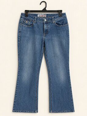 Blue Stretch Bootcut Jeans 6 Petite Floral Embroidered Flap Pockets